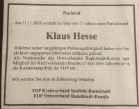 Anzeige Nachruf Klaus Hesse